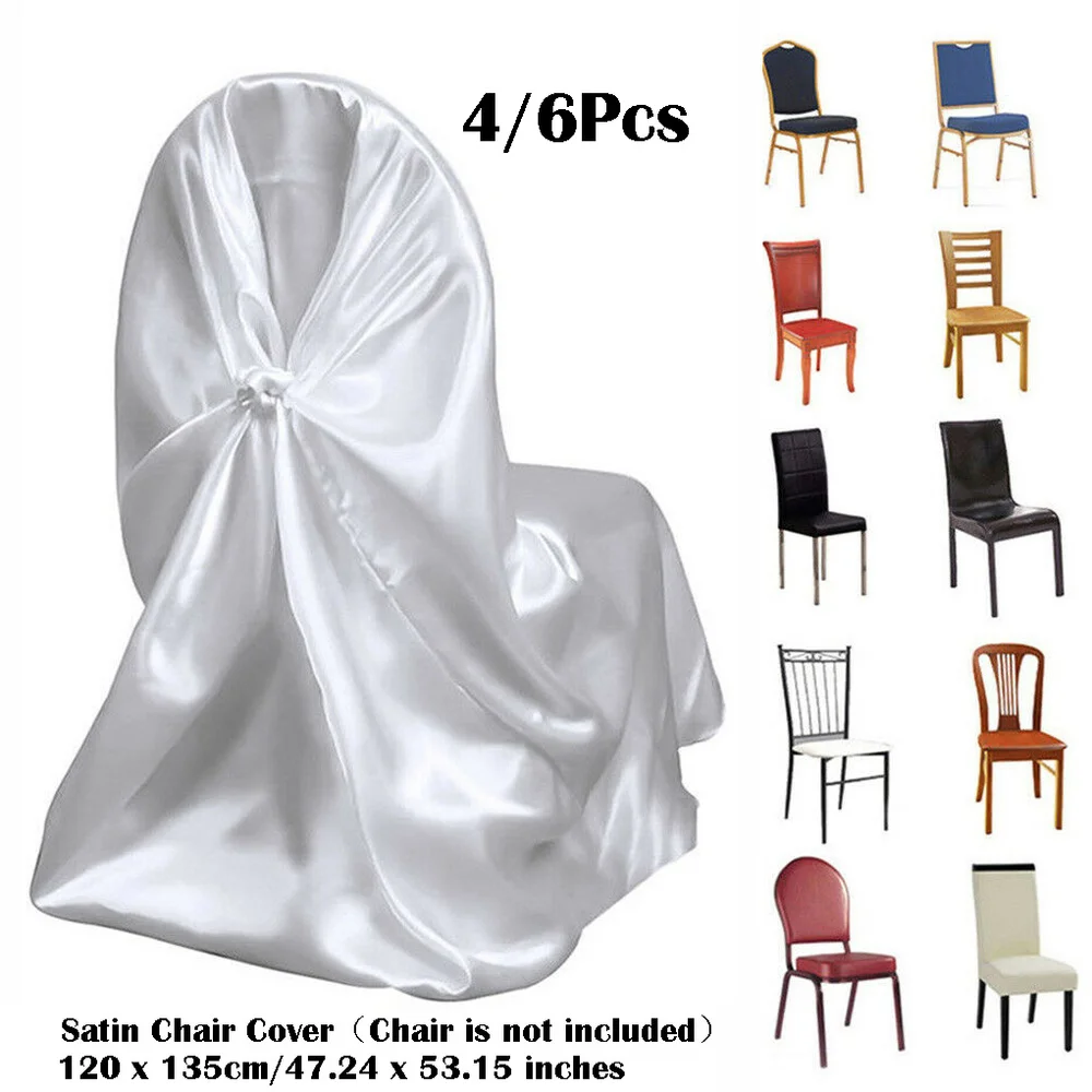 

4/6Pcs White Silver Universal Satin Chair Covers Self Tie Bows Wedding Party Room Slipcovers