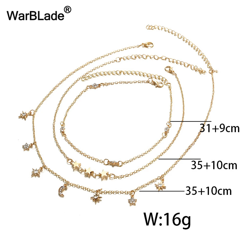 WarBLade модное ожерелье s 3 слоя Звезда Луна колье из горного хрусталя ожерелье Золотое Серебро Цвет цепочка в богемном стиле ювелирные изделия с чокерами для женщин