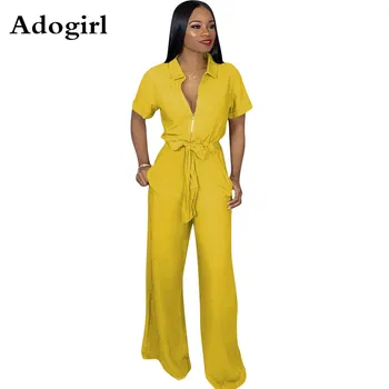 

Solid Color Turndown Collar Zipper Woman Jumpsuit Short Sleeve Lace Up Wide Leg Pants Bodycon Bandage Playsuit Lady Office Wear