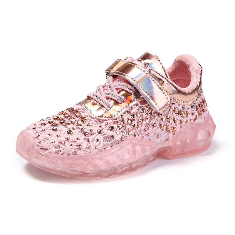 

COZULMA Kids Breathable Lace Fashion Sneakers Shoes For Girls Princess Rhinestone Non-Slip Rubber Sole Sports Shoes Size 26-36