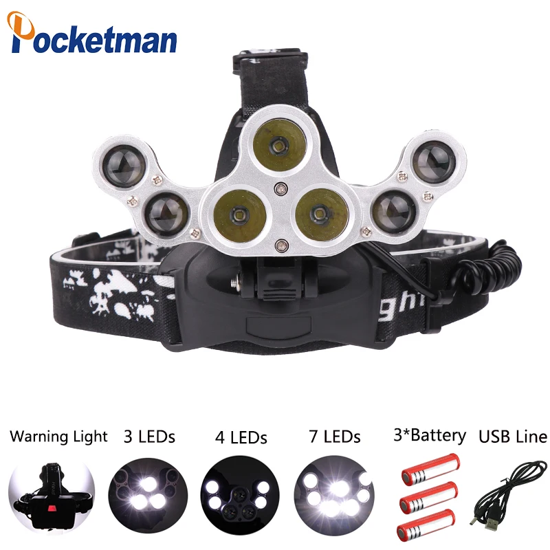 

Super Bright Collapsible 7 LED Headlight with Micro USB Line 4 Modes Headlamp Back with warning lights for 3*18650 Battery z45