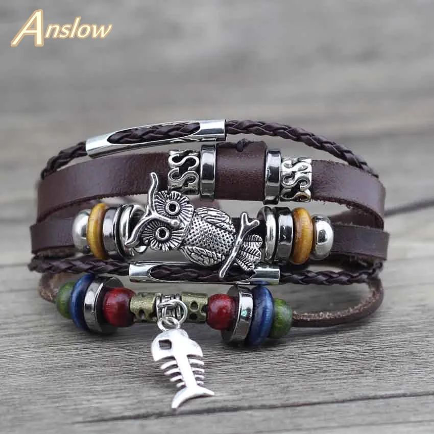 

Anslow Brand Designer Wooden Beads Owl Alloy Multilayer Wristband Female Adjustable Leather Bracelet Ethnic Bracelet LOW0269LB