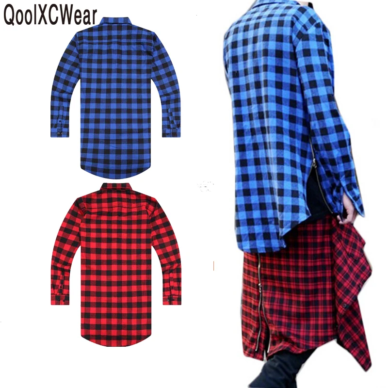 

QoolXCWear Extended Long High Low Side Zipper Unisex Man Swag Shirt T shirt T Shirt Hip Hop Men Streetwear Hem Plaid Blue Red