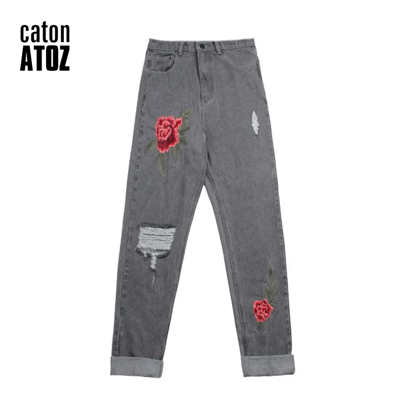 

catonATOZ 2113 New Grey Boyfriend Highwaist Embroidery Jeans Women`s Flower Ripped Denim Pants Mom Jeans For Women