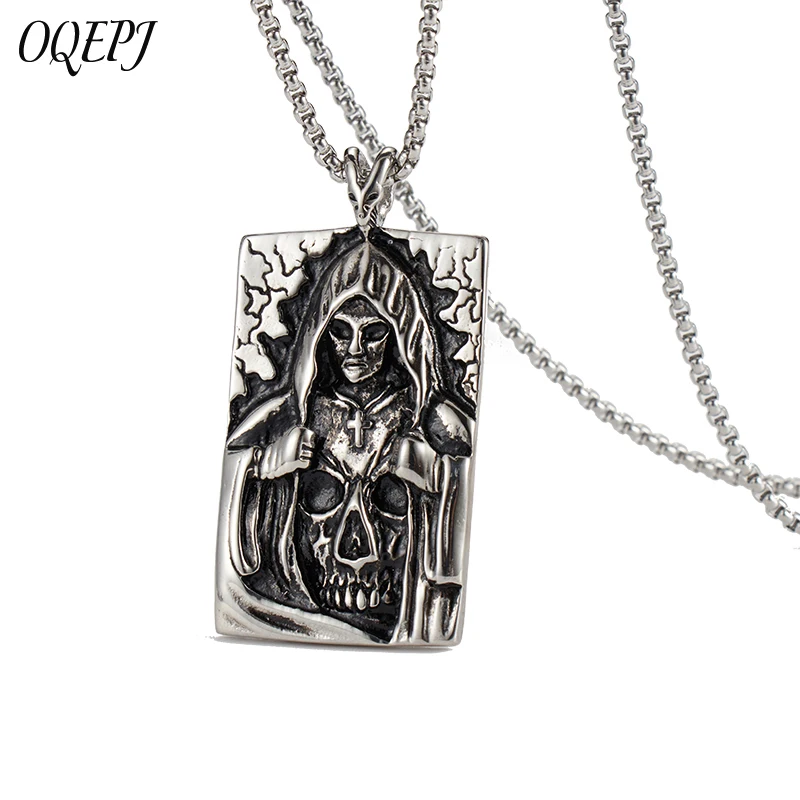 

OQEPJ Hip Hop Rock Skull Grim Reaper Square Necklace&Pendant Stainless Steel Silver Color Exquisite Necklaces Biker Cool Jewelry