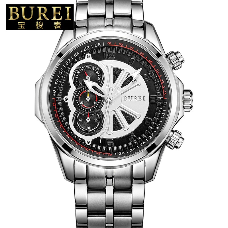 

BUREI Raciing Stports Quartz Watch Men Japanese Movement Full Stainless Steel Gold Hands Chronograph Clock Relogio Masculino