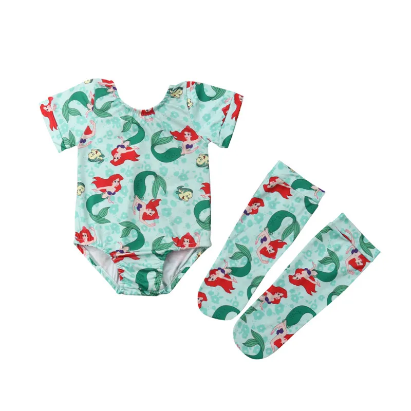 

2019 Cotton Baby Girl Rompers Stockings Set Short Sleeve Toddler Mermaid Pattern Romper Photography Props Clothes 2pcs