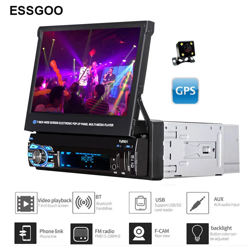 

ESSGOO Media Multimedia Player Car Radio Vehicle-Mounted Full Retractable Screen MP5 /MP4/MP3 GPS Navigation Rearview camera