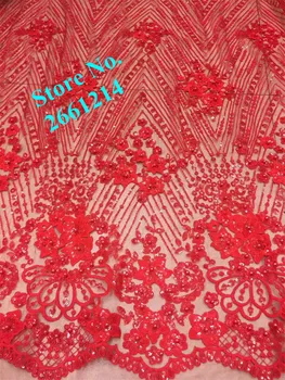 

red color elegant pretty flower french net fabric New coming tulle net lace fabric with stones and sequins for wedding dress