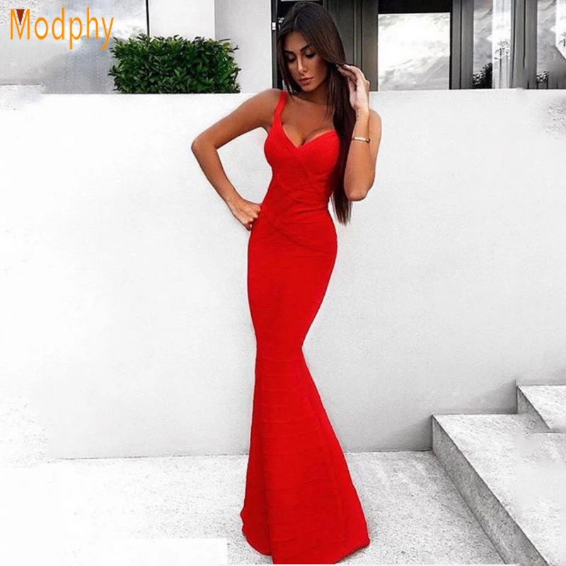 

Modphy Summer Women 2018 Red Black Sleevesless Strap V Neck Bandage Dress Mermaid Elegant Night Club Long Sexy Party Dress HL656