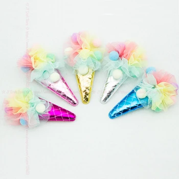 

20PCS Metallic Fabric Unicorn Horn Patches w/ Mesh Puff Flower Pompom Balls 11cm Ice Cream Cone Patches for Girl Hair Accessory