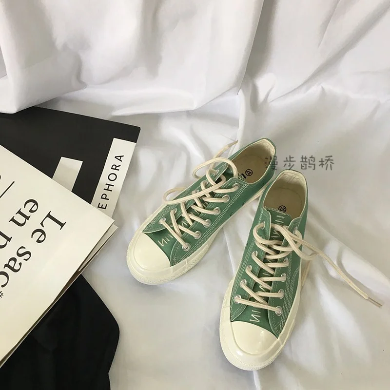 Зеленая мята Харадзюку стиль унисекс парусиновая обувь модная мужская повседневная обувь однотонные плоские кроссовки
