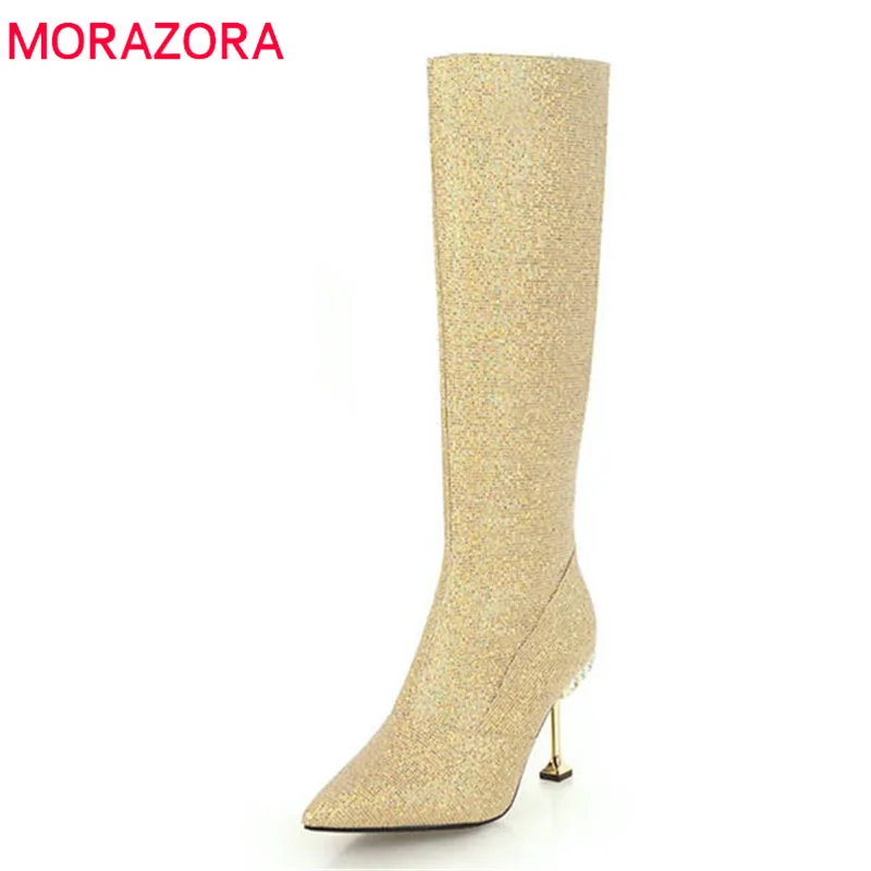 

MORAZORA 2020 newest sequined cloth knee high boots women pointed toe zipper fashion high heels boots sexy autumn winter shoes
