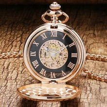 2 Дизайн Розовое Золото Механические карманные часы Рука обмотки Часы прозрачный чехол Для мужчин Для женщин подвеска брелок цепи Reloj De Bolsillo
