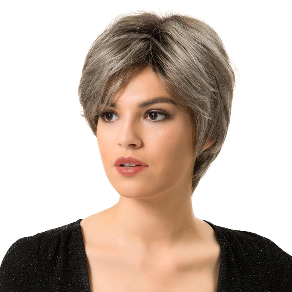 

Short Gray Women Side Part Wig Wavy Fluffy Straight Human Hair Wig 8 inch