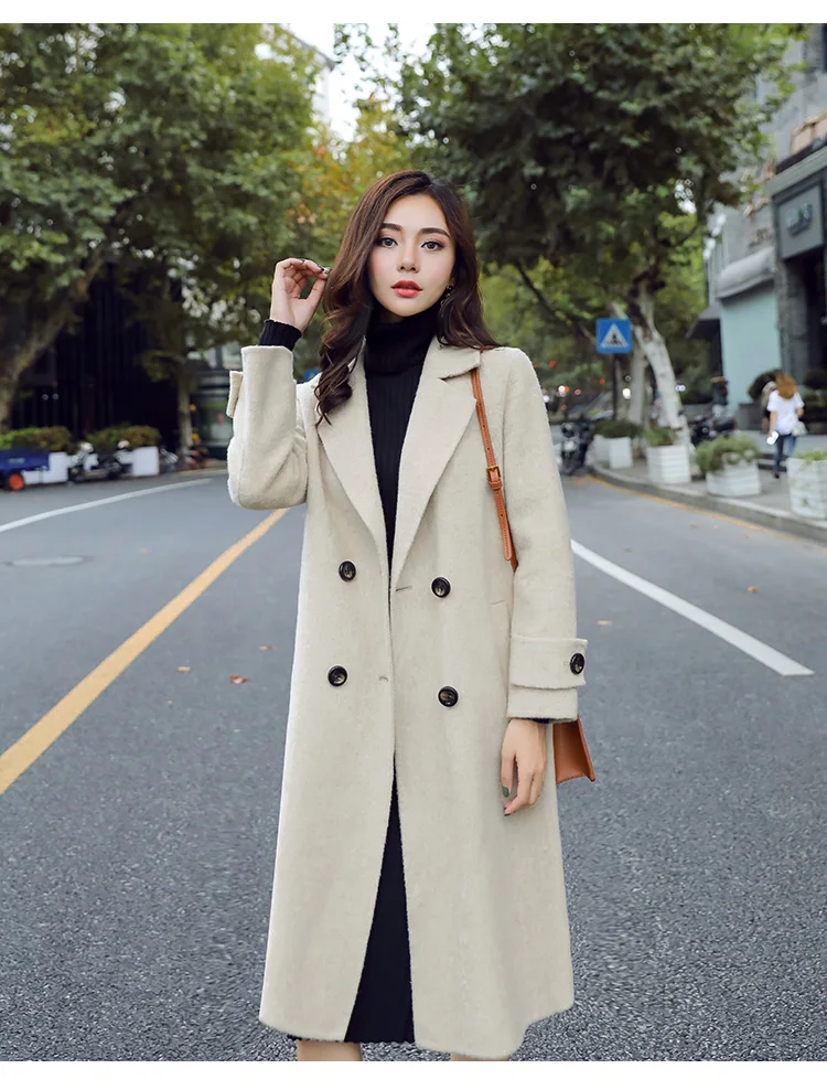 Для женщин шерстяное пальто-жакет Осень корейский длинный плюс размеры Теплый черный двубортный шерстяная куртка Элегантные женские пальт