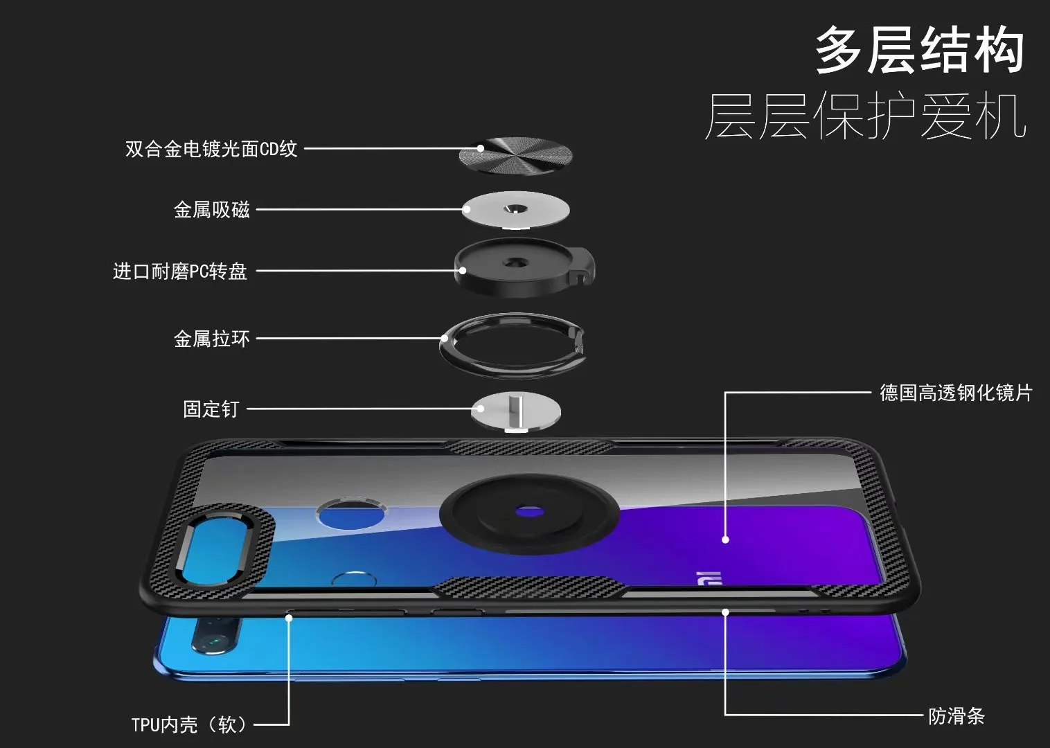 Чехол с кольцом подставкой для Xiaomi Mi 8 Lite магнитный Прозрачный ударопрочный