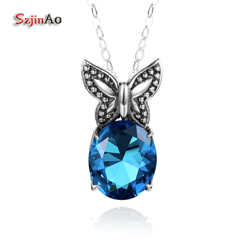 

Szjinao Sharma Butterfly Shape Blue Topaz Wedding Pendant Handmade 100% 925 Sterling Silver Women Jewelry Decorative Necklace