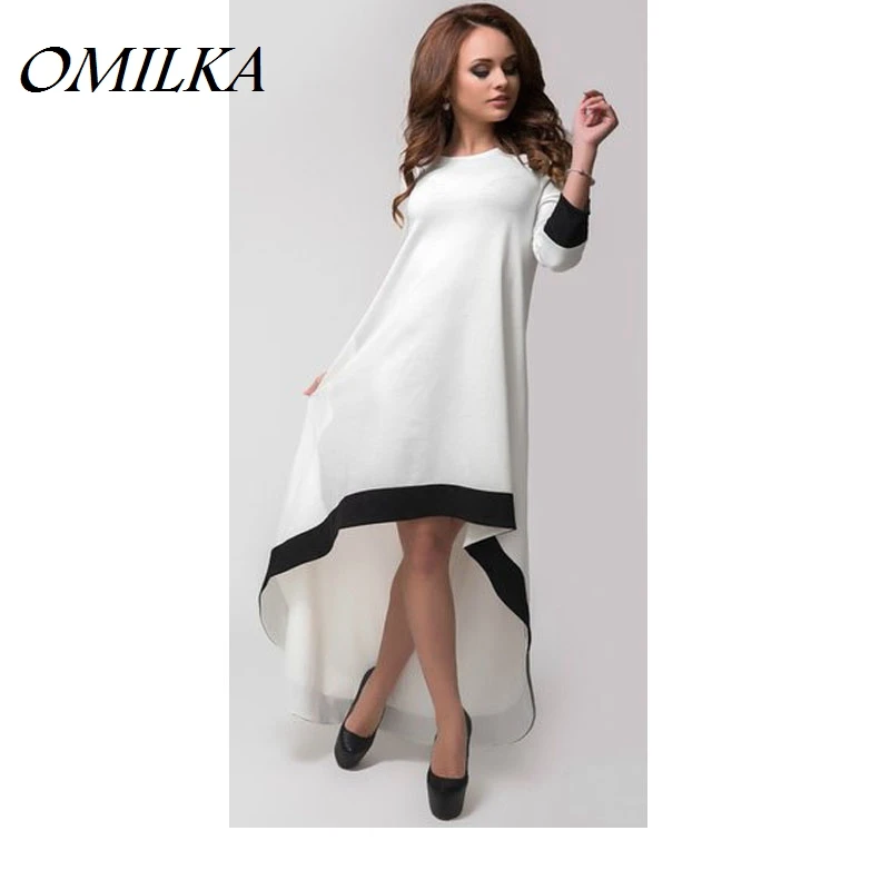 

OMILKA 2017 Summer Women Plus Size Front Short Back Long Dress Casual Patchwork Three Quarter Sleeve O Neck Shirt Dress S-XL