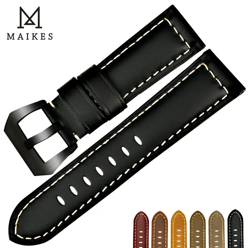 Ремешок MAIKES из натуральной кожи для мужских часов черный браслет Аксессуары Для