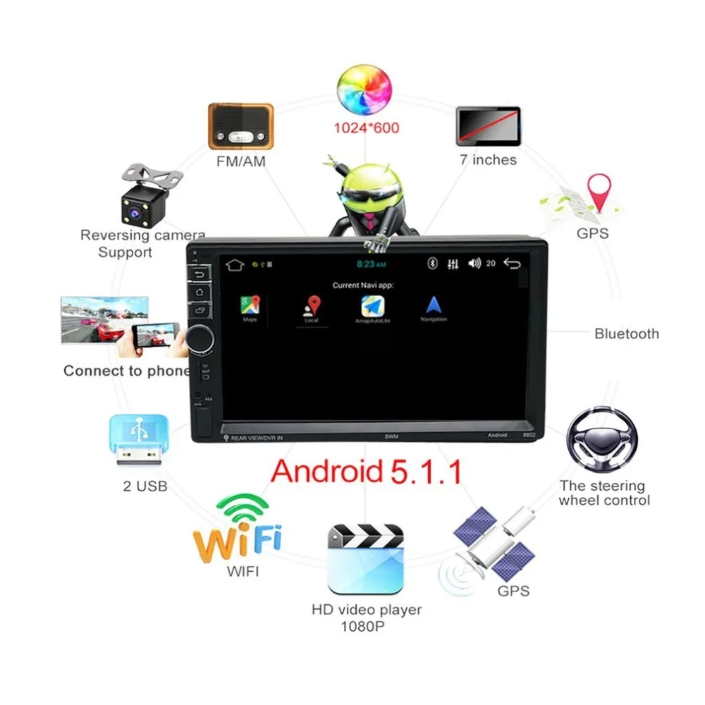 

7" 2DIN Car Radio HD Touch Screen Quad Core Android 5.1.1 3G Bluetooth MP5 Player Built-in WIFI GPS Navigation Media Player