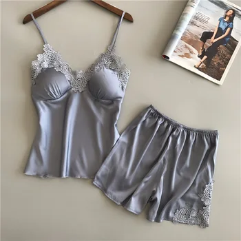 

Voplidia Sexy Pijama Feminino Pajamas Set With Bra Pad Faux Silk Sleepwear Shorts Lace Top Two Piece Sleeveless Women Lingerie