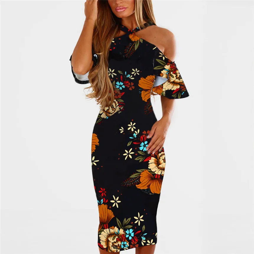 

Women Dress Printing Cross Off Shoulder Dress Evening Party Dress Sundress Summer Sexy Backless Knee-Length Vestidos