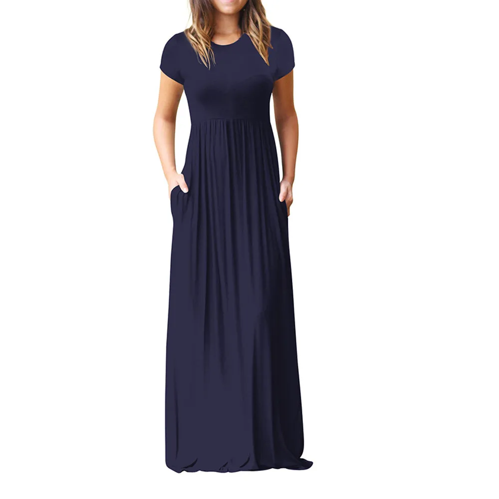 

Summer Plus Size XS-2XL Long Dress Women Cotton O Neck Solid Casual Pockets Short Sleeve Full Dress Loose 9 Colors Dress N4