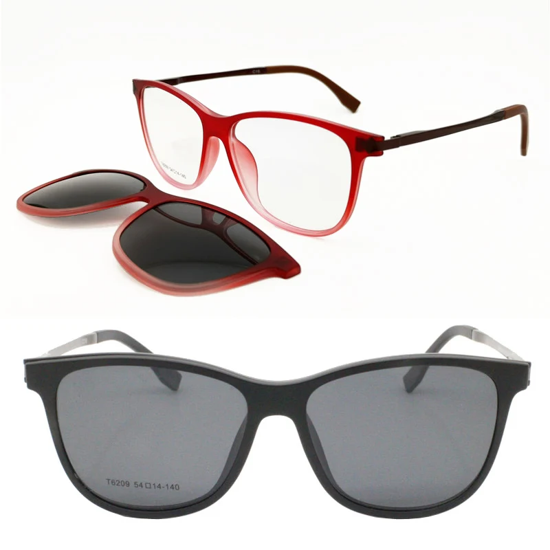 

TR90 flexible metal temple prescription glasses 6209 with megnatic clip on removable polarized sunglasses lens 2 in 1 eyeglasses