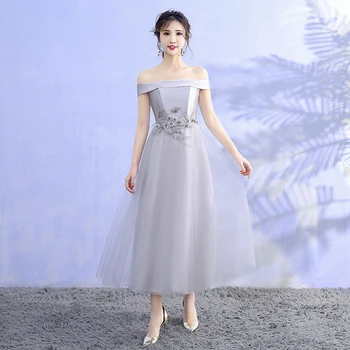 

Grey Colour Satin Embroidery Midi Dress Bridesmaids Dresses Elegant Woman Dresses for Party and Wedding Dress