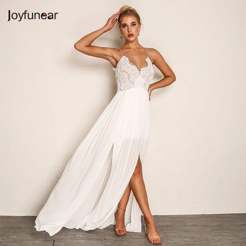

Joyfunear New Sexy Women Summer Dress 2018 Chiffon Spaghetti Strap Bodycon Lace Maxi Dress Party V Neck Elegant Dresses Vestidos