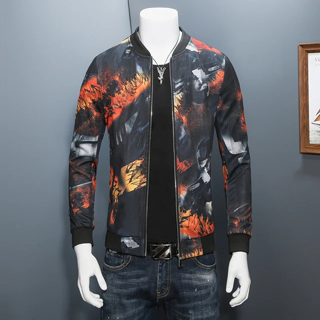 Nice Spring Mens Jackets Brand Fashion Print Slim Fit Bomber Jacket Men