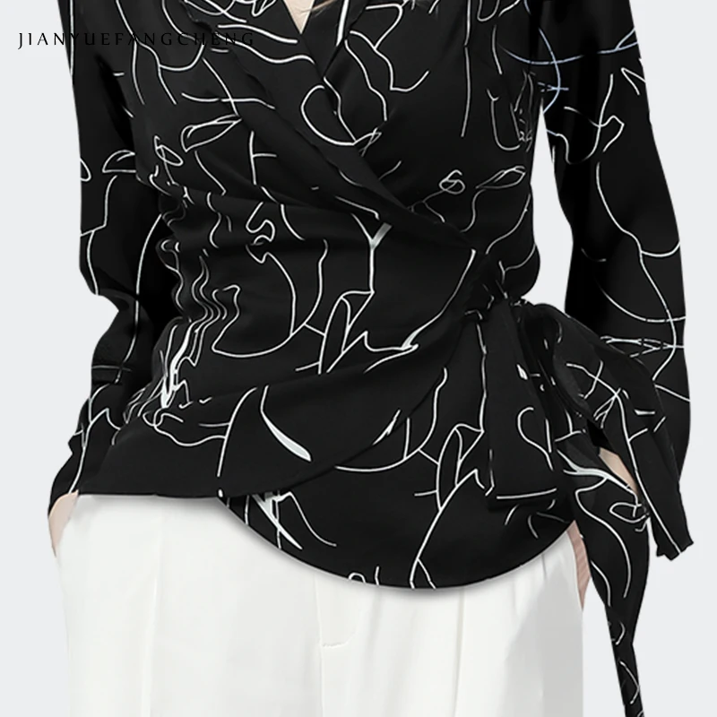 Ladies Blouse Elegant Irregular Carve Printed Long