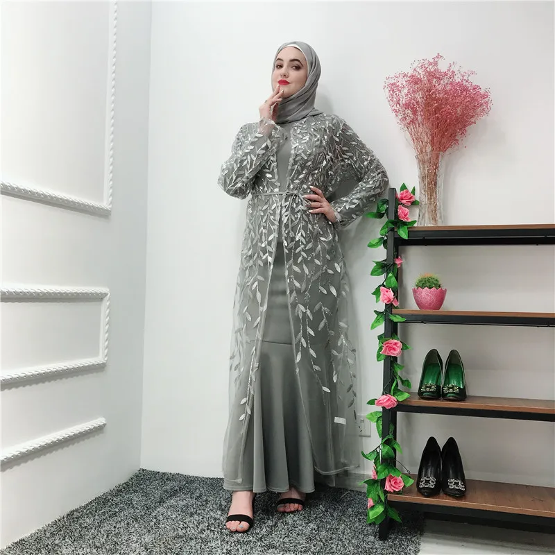 

2019 New design leaf pattern mesh muslim dress full embroidery open abayas for women with Spandex inner long evening dress