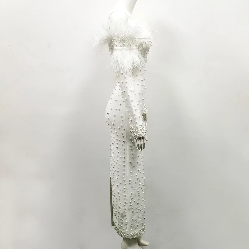 Высокое качество Бисероплетение жемчужное вискозное Бандажное платье с длинным рукавом сексуальное облегающее платье длиной до пола вечернее платье