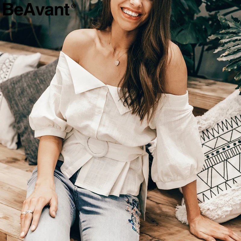 Женская блузка с открытыми плечами BeAvant винтажная хлопковая рукавом фонариком