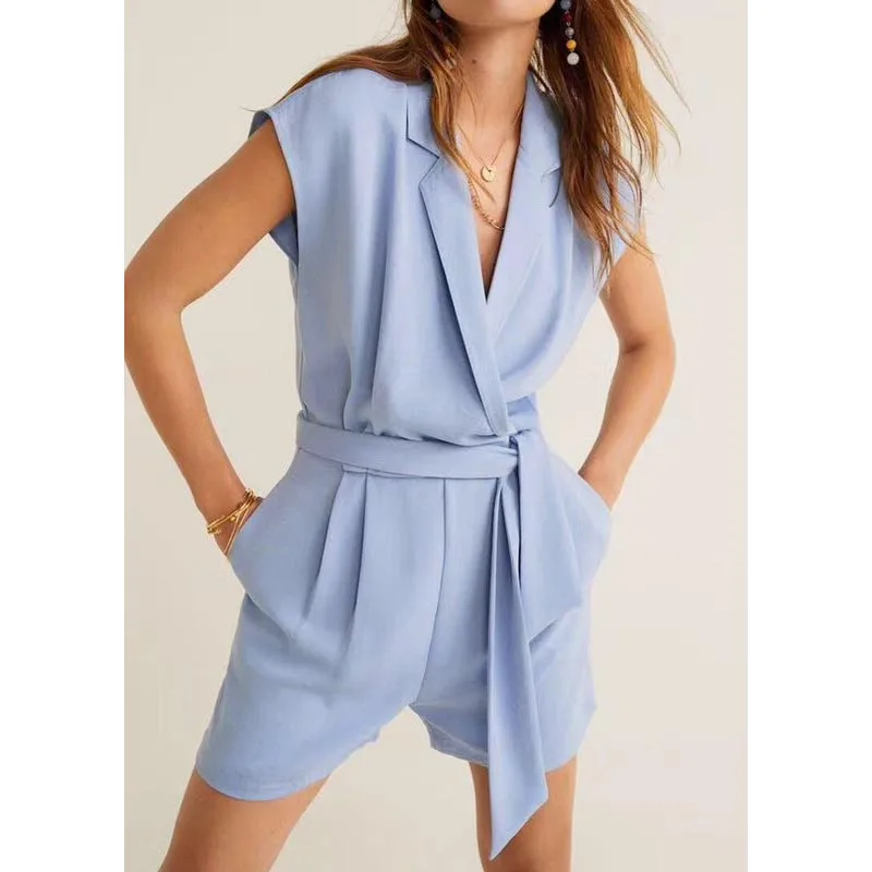 

KZ181 Women Elegant V Neck Sashes Slim Waist Sleeveless Fresh Blue Color Playsuit Summer Chic Playsuits Jumpsuit