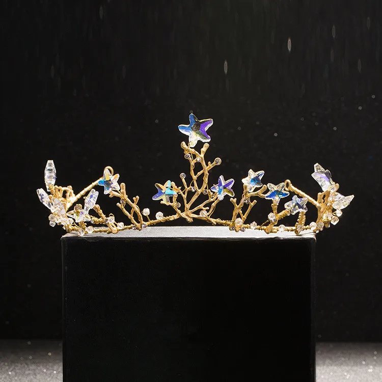 

Dower me Shine Star Rhinestone Gold Wedding Prom Tiara Crown Handmade Bridal Hair Jewelry Women Accessories Headpiece