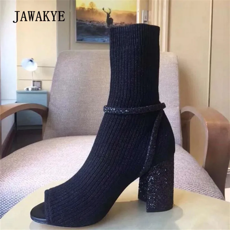 

2018 Spring Glittering Sock Boots Woman Open Toe Sequined Chunky High Heels Ankle Boots Women