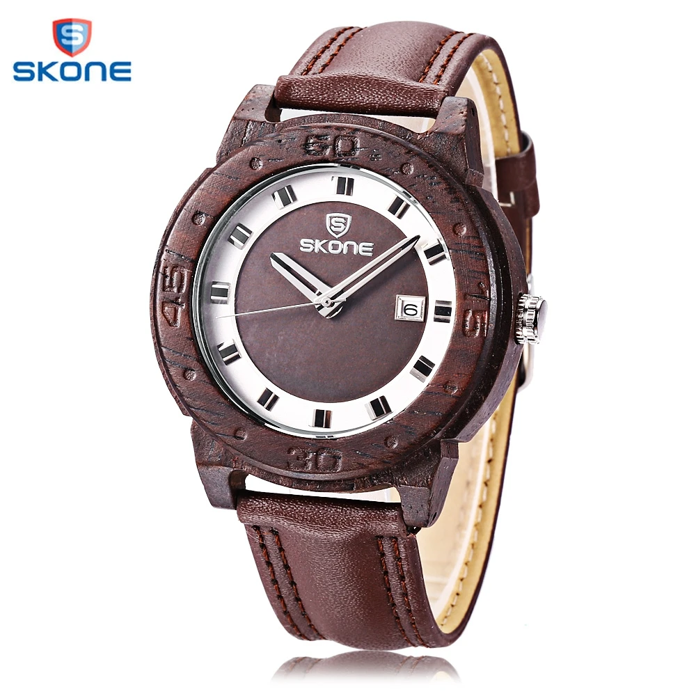 

SKONE Men Wooden Quartz Watch Fashion Date Day Luminous Display Working Sub-dial Wood Wristwatch