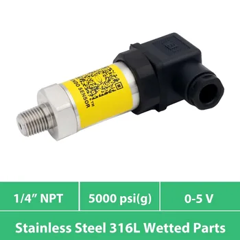

amplified 0v to 5v signal pressure transducer, power 12 to 30V DC, 0 5000 psi range, 1 4 inch NPT thread, ss 316L wetted parts