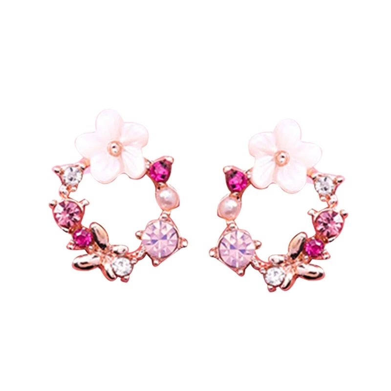 

2018 New Colorful Rhinestone Wreath Stud Earrings For Women Cute Butterfly Shell Flower Circle Boucle D'oreille Gift