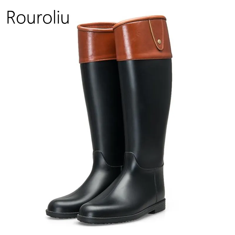 Rouroliu Для женщин модные смешанные цвета, плоский каблуки дождь сапоги до колена Нескользящие резиновые сапоги женские водонепроницаемые туфли TR217