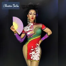 Christia Bella Fashion druk kwiatowy kobiet Cheongsam Sexy Nude obcisła sukienka klub etap sukienka wysokie rozcięcie kostiumy sceniczne