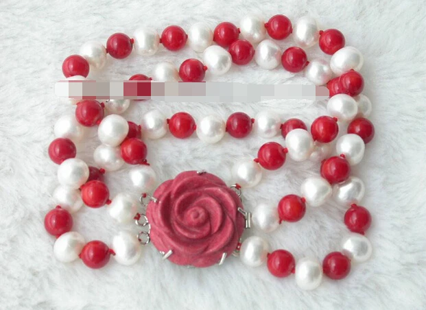 

09546 3strands FW white pearl red coral Bracelet
