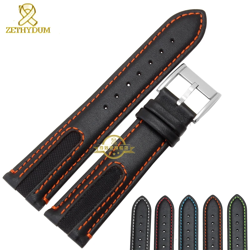 Genuine Leather bracelet watchband Wrist watch strap black with red