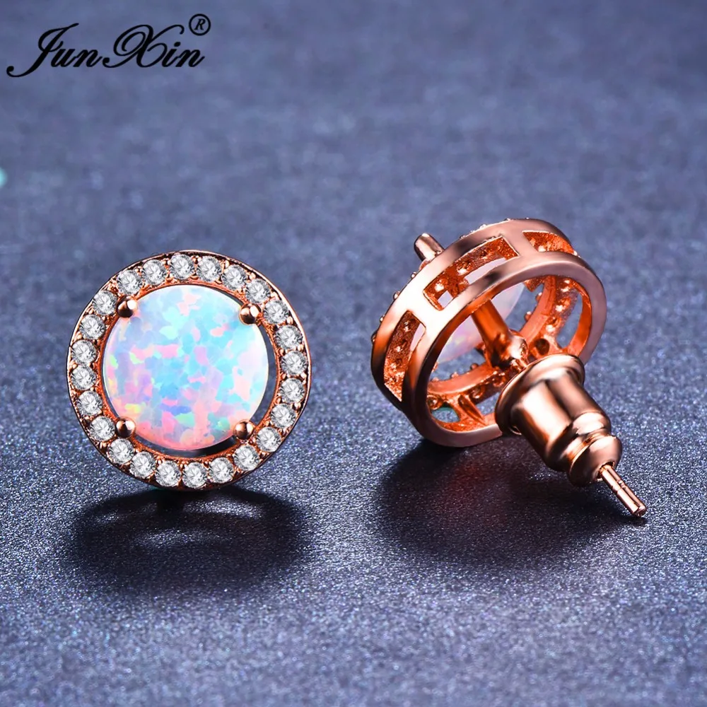 JUNXIN Модные женские Boho круглые серьги гвоздики синий/белый огонь опаловые серьги для женщин розовые золотые серьги со стразами