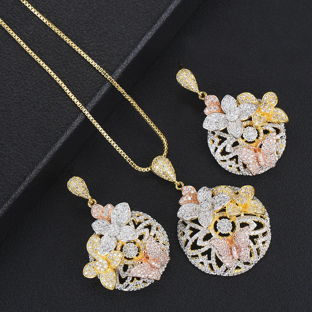 

missvikki Romantic Sweet Round Full Flowers Pendant Chain Necklace Earrings Jewelry Set Top Quality Made Mini Cubic Zirconia