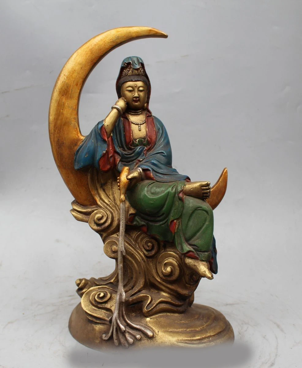 

DS 13"Chinese Bronze Color Painted Bodhisattva Guan yin Kwan-Yin On moon Statue