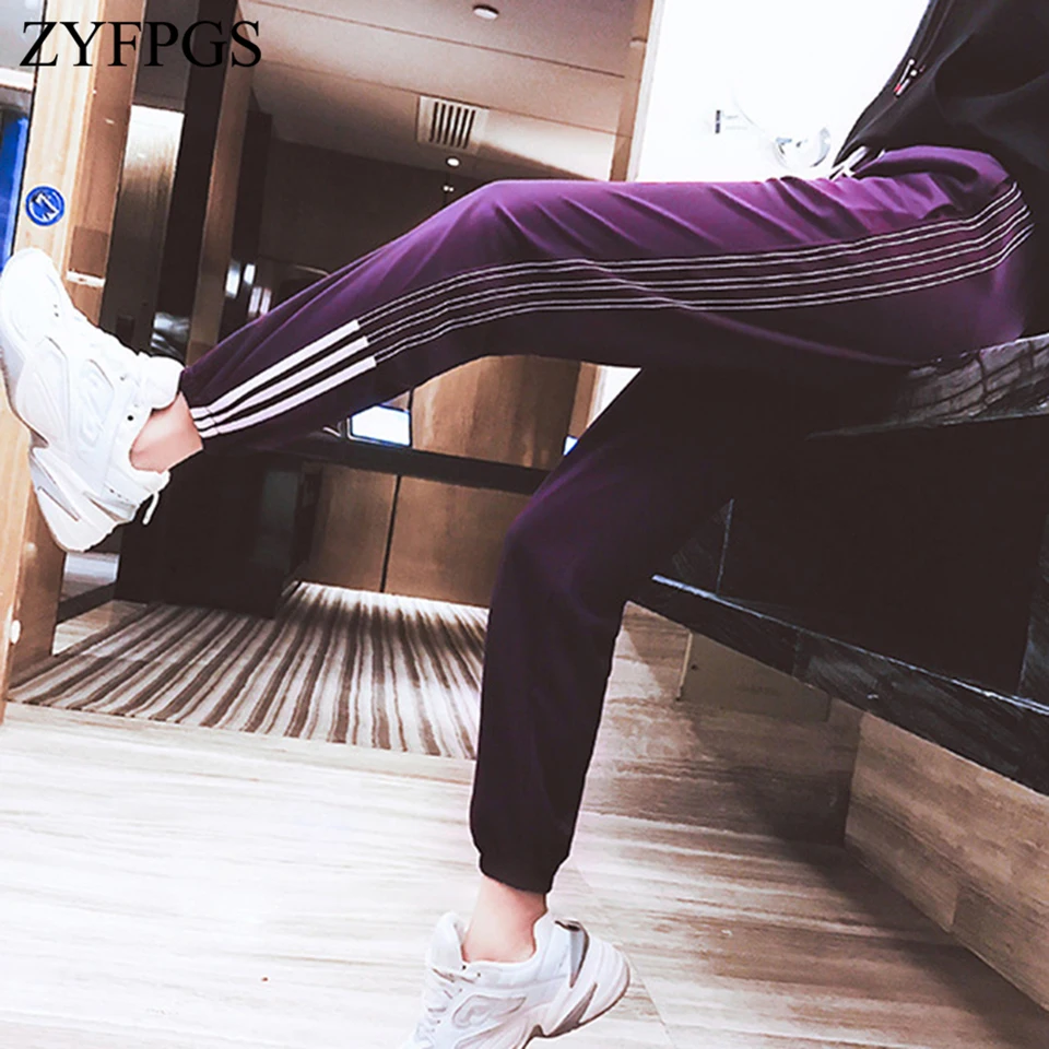 

ZYFPGS 2019 Hot Sweatpants Purple Cropped Pants Lines Pants For Women Hip Hop Fashion Casual Loose Plus Size 4XL Young Z1118